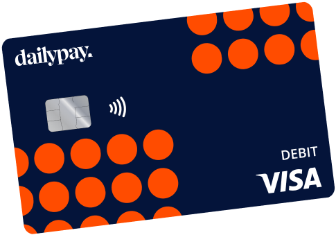 A debit card with a dark blue background, featuring orange circles and the words "dailypay" and "DEBIT VISA.