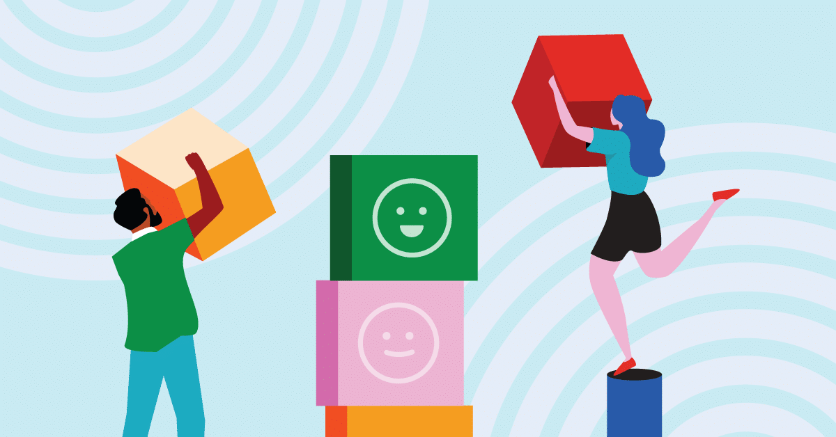 Two people are lifting and stacking colorful cubes, with smiley faces on some cubes. One person stands on a cylinder while placing a red cube on top. Wavy lines form the background.