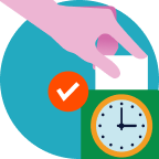 Illustration of a hand inserting a card into a box with a clock face and a checkmark, suggesting time tracking or clocking in.