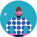 Illustration of a person with purple skin, brown hair in a bun, wearing a blue and white polka dot top, gold earrings, and standing with hands on hips against a blue background.