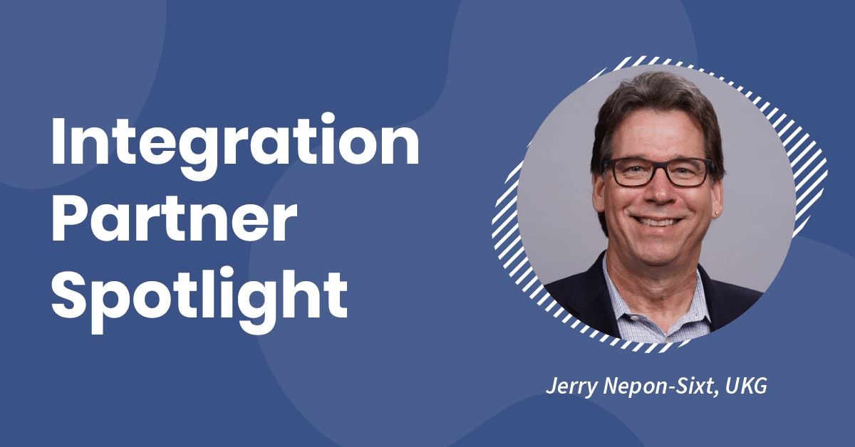 A blue graphic with abstract shapes, featuring the text "Integration Partner Spotlight" on the left. On the right is a circular photo of a man wearing glasses and a suit, smiling. Below the photo, the text reads "Jerry Nepon-Sixt, UKG.