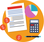 A document, pie chart, calculator, coins, and pen are arranged on an orange circular background, representing financial or accounting tasks.