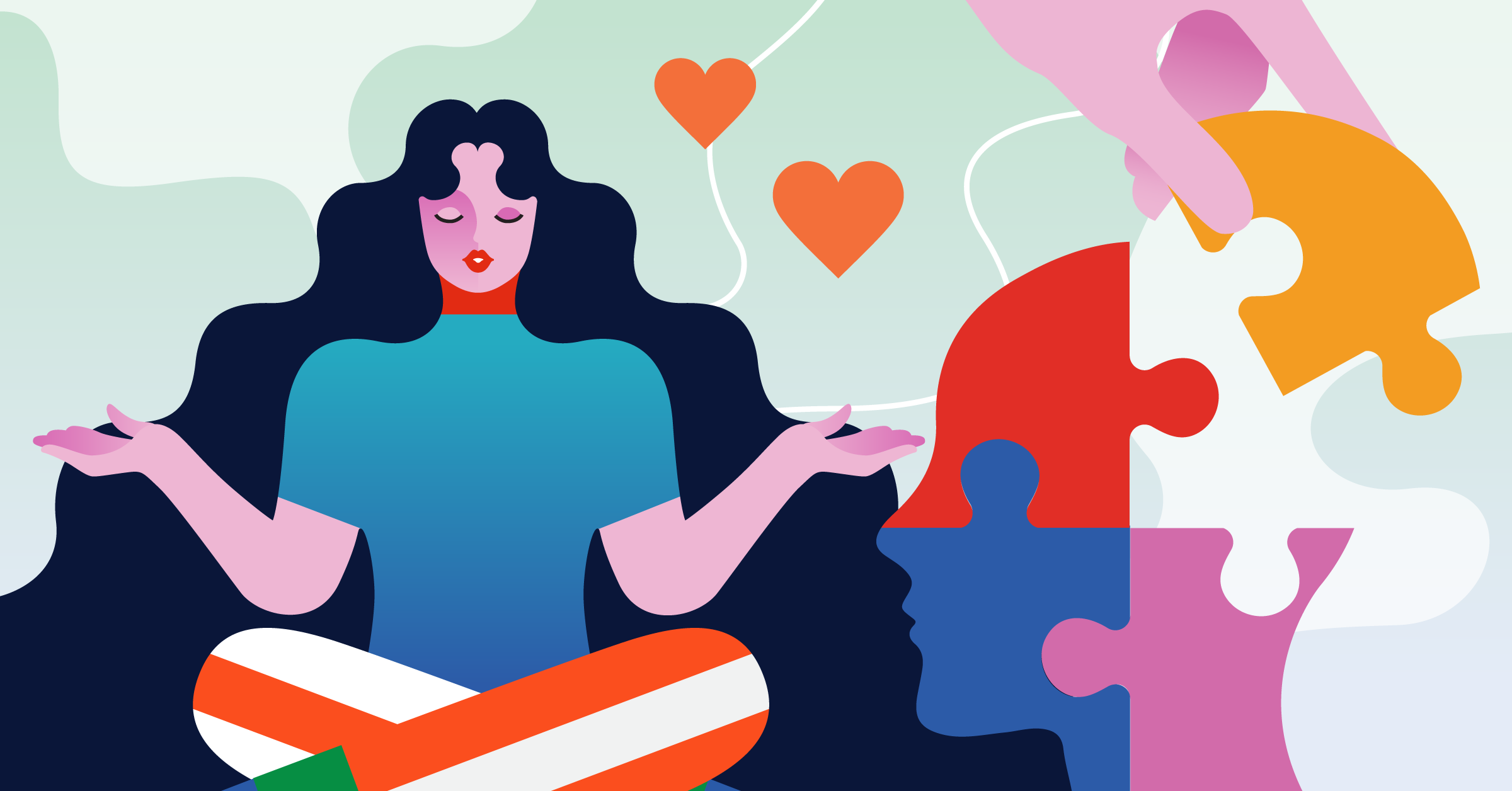 Illustration of a person meditating with a puzzle piece head and floating hearts, symbolizing mental health and well-being.