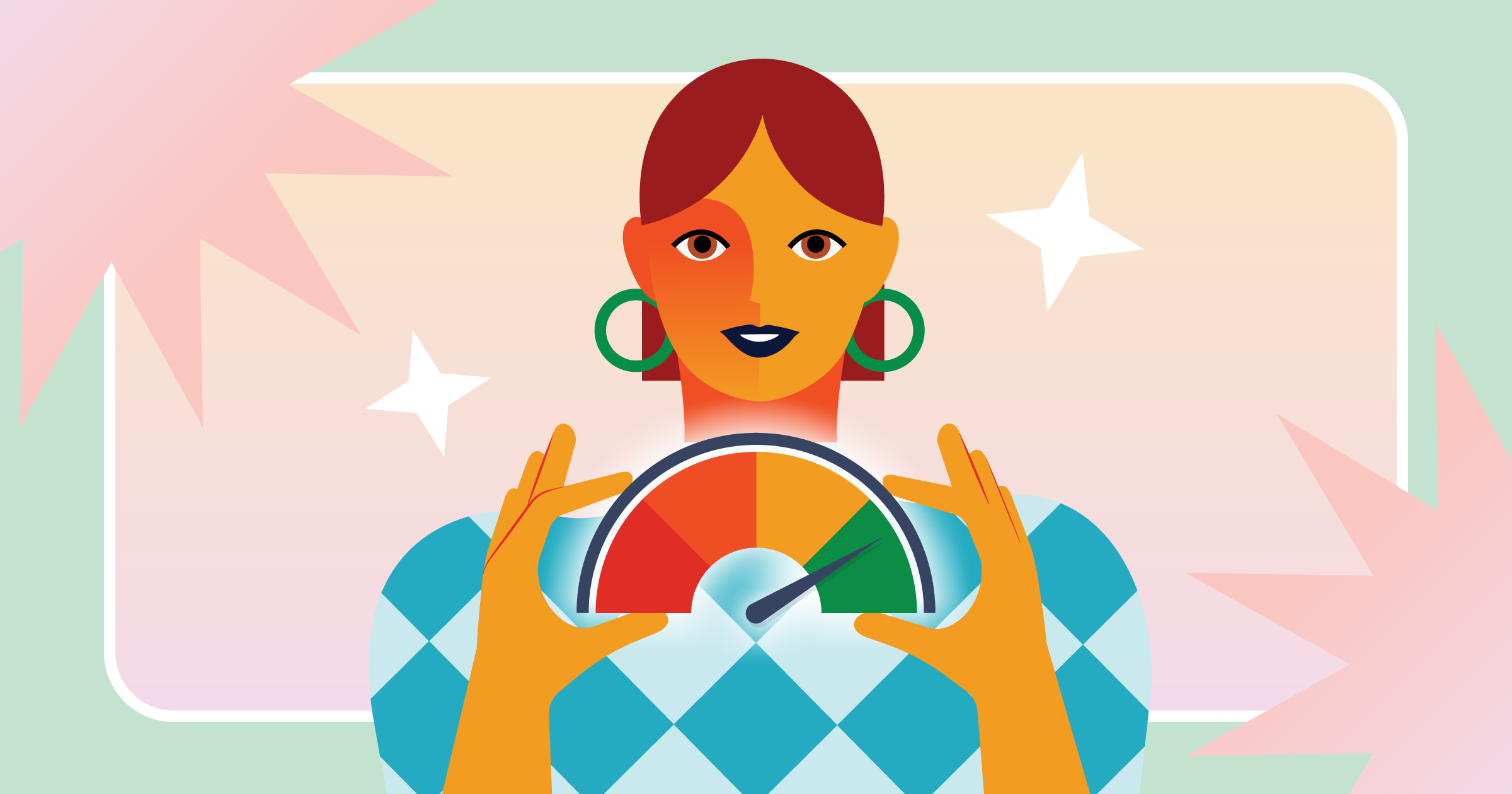 Illustration of a person with a red and orange face, holding a gauge showing different levels. The gauge is arrowed toward the green zone, suggesting improvement or positive change.
