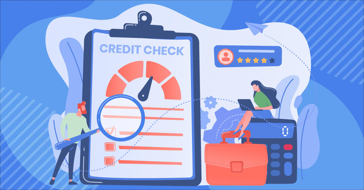 Illustration of a large clipboard labeled "Credit Check" with a gauge, a person with a magnifying glass, another person sitting on a calculator amidst gears and a briefcase, highlighting the role of on demand pay providers.