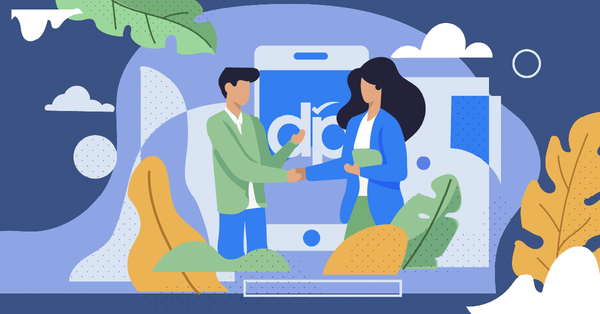 Illustrated image of a man and a woman shaking hands, both dressed in business attire. They are standing in front of a large smartphone displaying a check mark. The background includes abstract leaves and buildings, emphasizing a professional and collaborative environment.