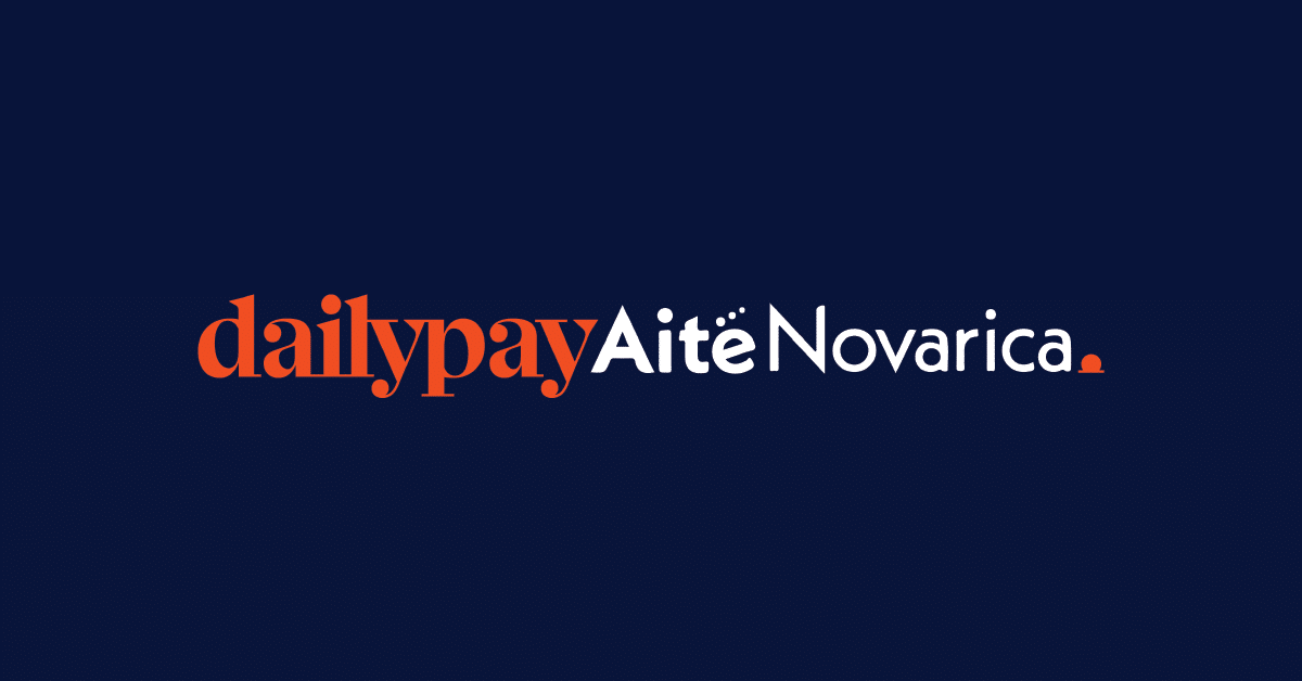 The image features the logos of DailyPay and Aité Novarica against a dark blue background. The text, promoting a payday loan alternative, is in a bold, modern font. "Dailypay" is in orange lowercase letters, while "Aité Novarica" is in white with a small orange dot at the end of "Novarica."

