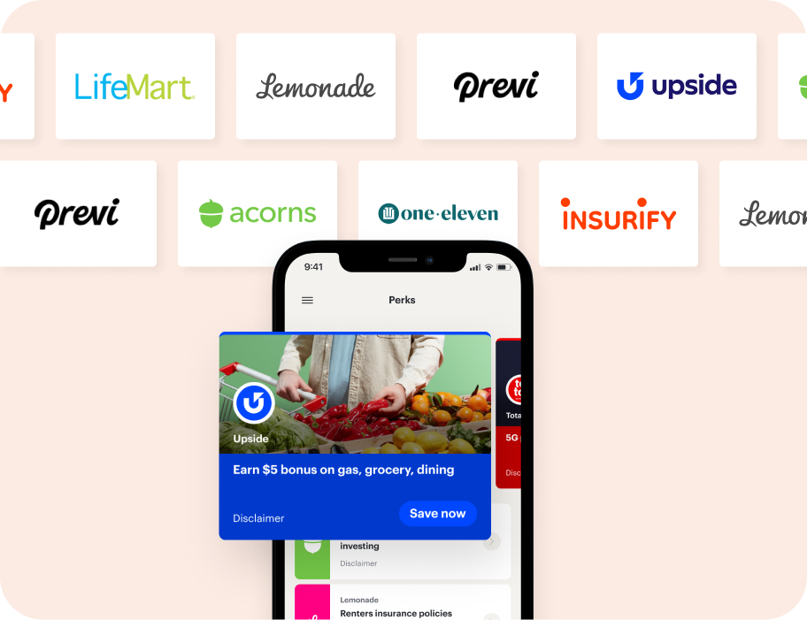 A smartphone displays a rewards app with a $5 bonus offer from Upside; various company logos are shown in the background.