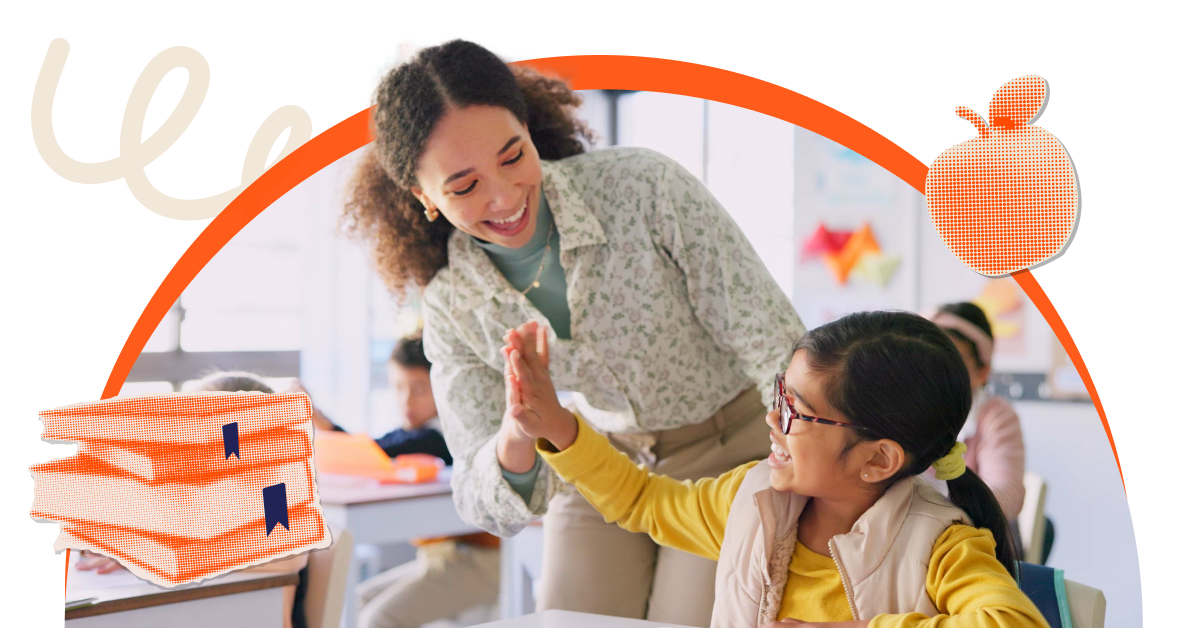 A teacher gives a high-five to a smiling student in a classroom. Illustrated books and an apple are added as graphic elements in the image.
