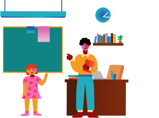 An illustration of a child in a pink polka dot dress standing near a chalkboard, with an adult holding a book and pointing, standing by a desk with books, a laptop, and a clock on the wall.