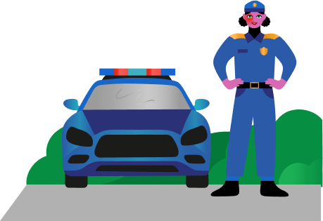 Illustration of a police officer standing next to a police car on a road with green bushes in the background.