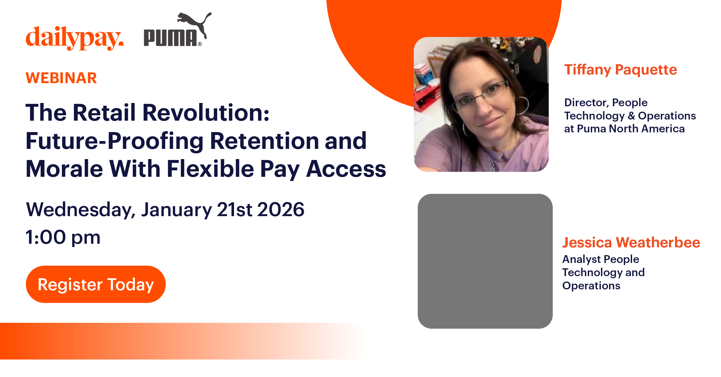 Webinar flyer for "The Retail Revolution: Future-Proofing Retention and Morale With Flexible Pay Access" on January 21, 2026, featuring Tiffany Paquette and Jessica Weatherbee.