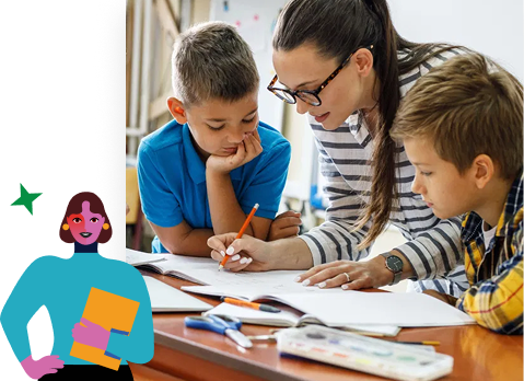A woman helps two young boys with their schoolwork at a table; books and stationery are spread out, with a cartoon figure holding books on the left side.