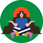 Illustration of a person with long hair sitting cross-legged, arms open, against a green background with an orange circle behind their head.