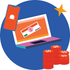 Illustration of a smartphone and an open laptop displaying a check, with a stack of coins and a star, representing digital transactions or online banking.