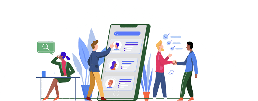 Illustration showing three people: one sitting at a desk with a magnifying glass icon above, another interacting with a large phone screen, and two people shaking hands with checkmarks beside them.