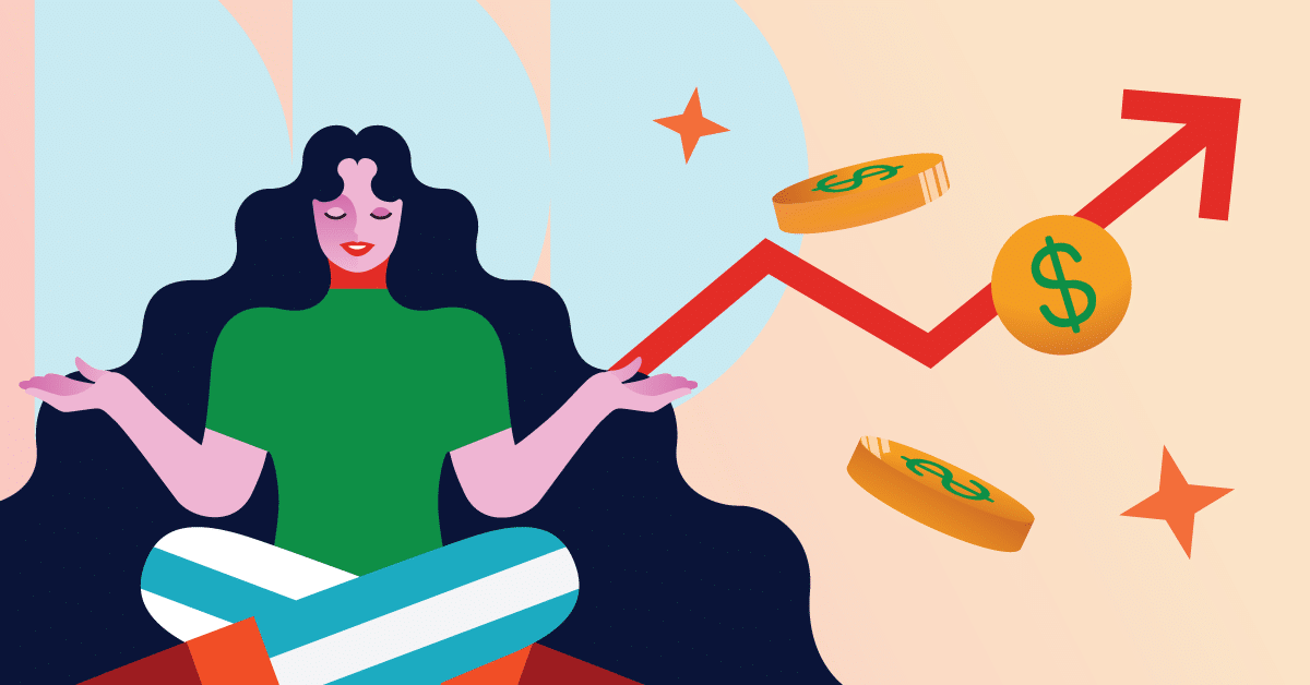 Illustration of a person sitting cross-legged with floating coins and an upward arrow, representing financial growth.