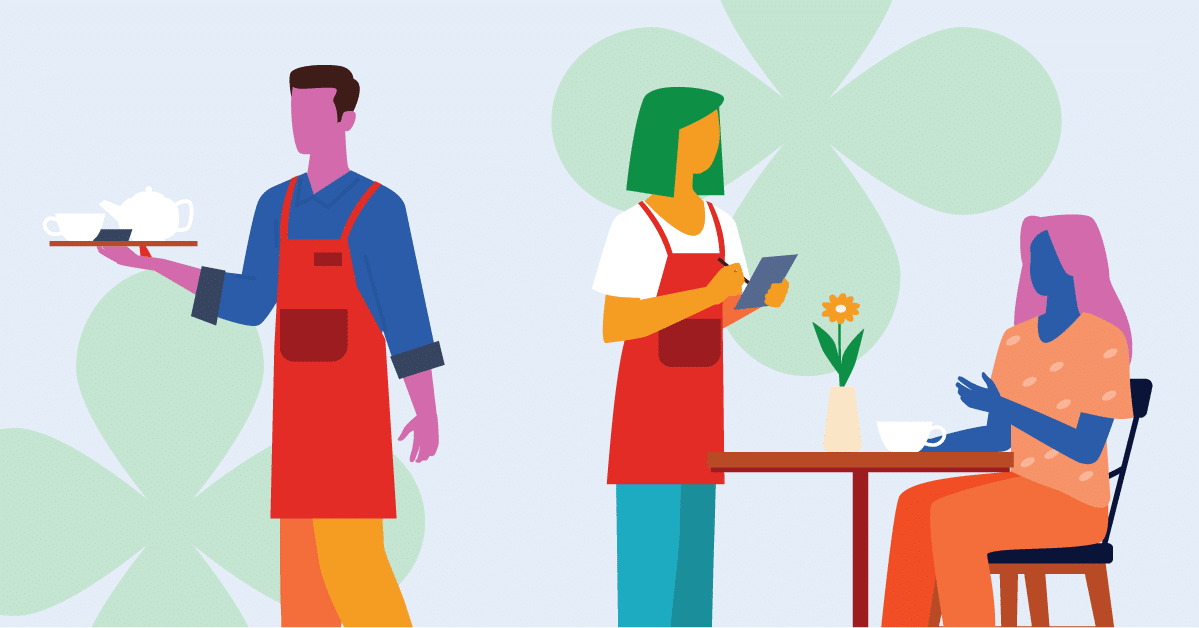 Illustration of a waiter carrying a tray, a server taking an order, and a woman seated at a table with a cup of coffee and a flower vase.