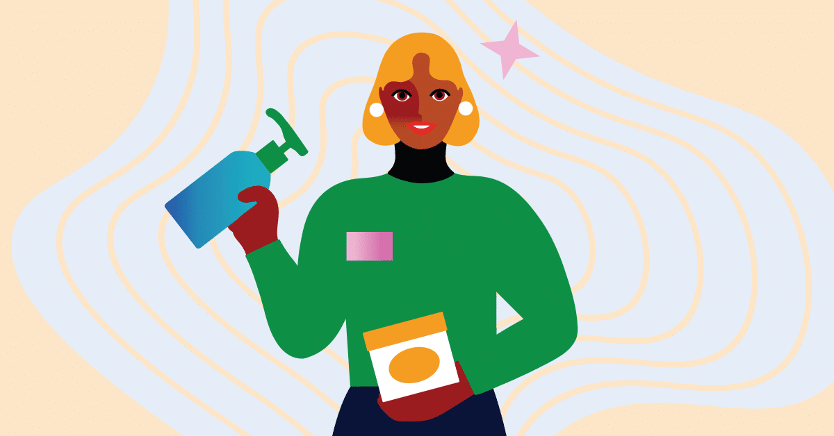 Illustration of a person with short blonde hair, holding a pump bottle in one hand and a box in the other. They are wearing a green shirt and are set against a wavy-patterned background with a star.