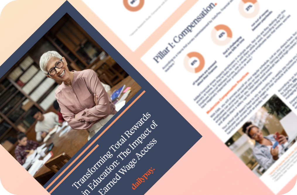 A report titled "Transforming Total Rewards in Education: The Impact of Earned Wage Access" featuring a woman in glasses and an infographic with data points on compensation.