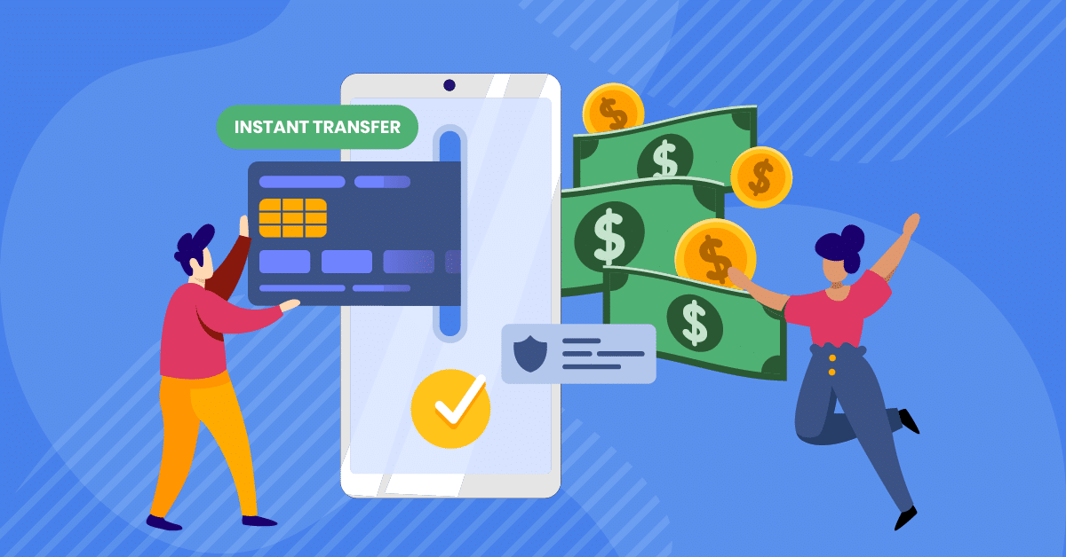 Illustration of a person holding a credit card next to a large smartphone displaying "Instant Transfer" with another person jumping joyfully as money and coins flow from the phone, highlighting the convenience of an On Demand Pay App.