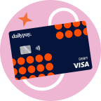 A navy blue DailyPay Visa debit card with orange dots is displayed on a pink circular background with a white curved line and an orange star.