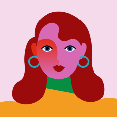 Colorful abstract illustration of a woman's face with red hair, mismatched pink and red complexion, blue eyes, and blue hoop earrings. The background is a light pink shade.