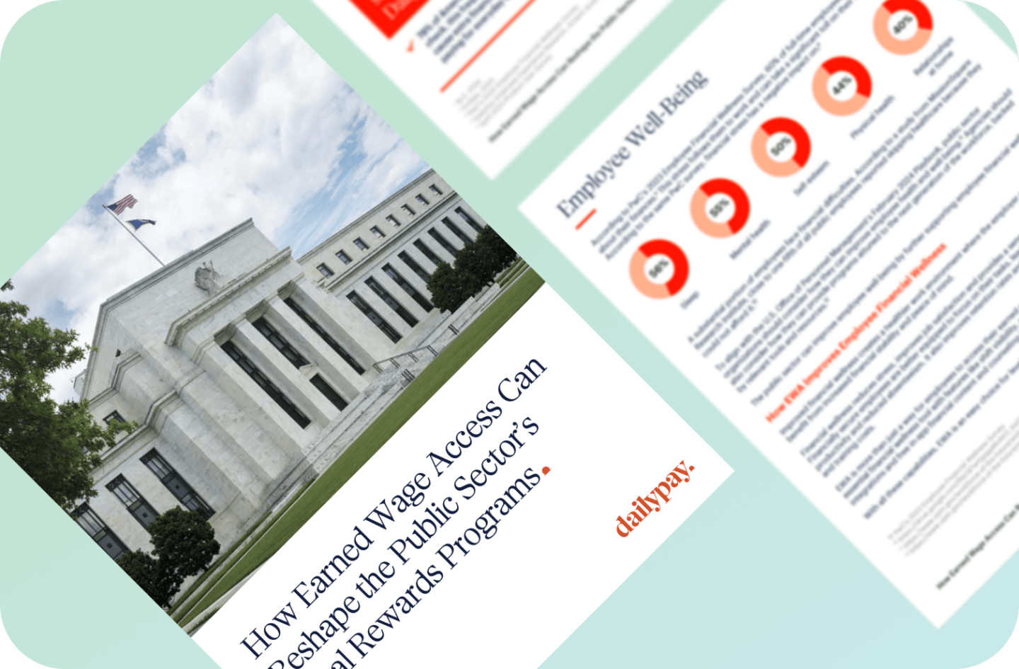 Image of two pages; one shows a government building with text about public sector rewards programs, and the other features a list with charts on employee well-being. The DailyPay logo is visible.