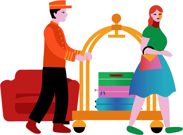 A hotel bellhop pushes a luggage cart with suitcases while a woman carrying a purse walks ahead.