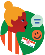 Illustration of a person with light hair and red skin, a speech bubble with an equals sign, a smiley face, and a bill with a dollar sign.
