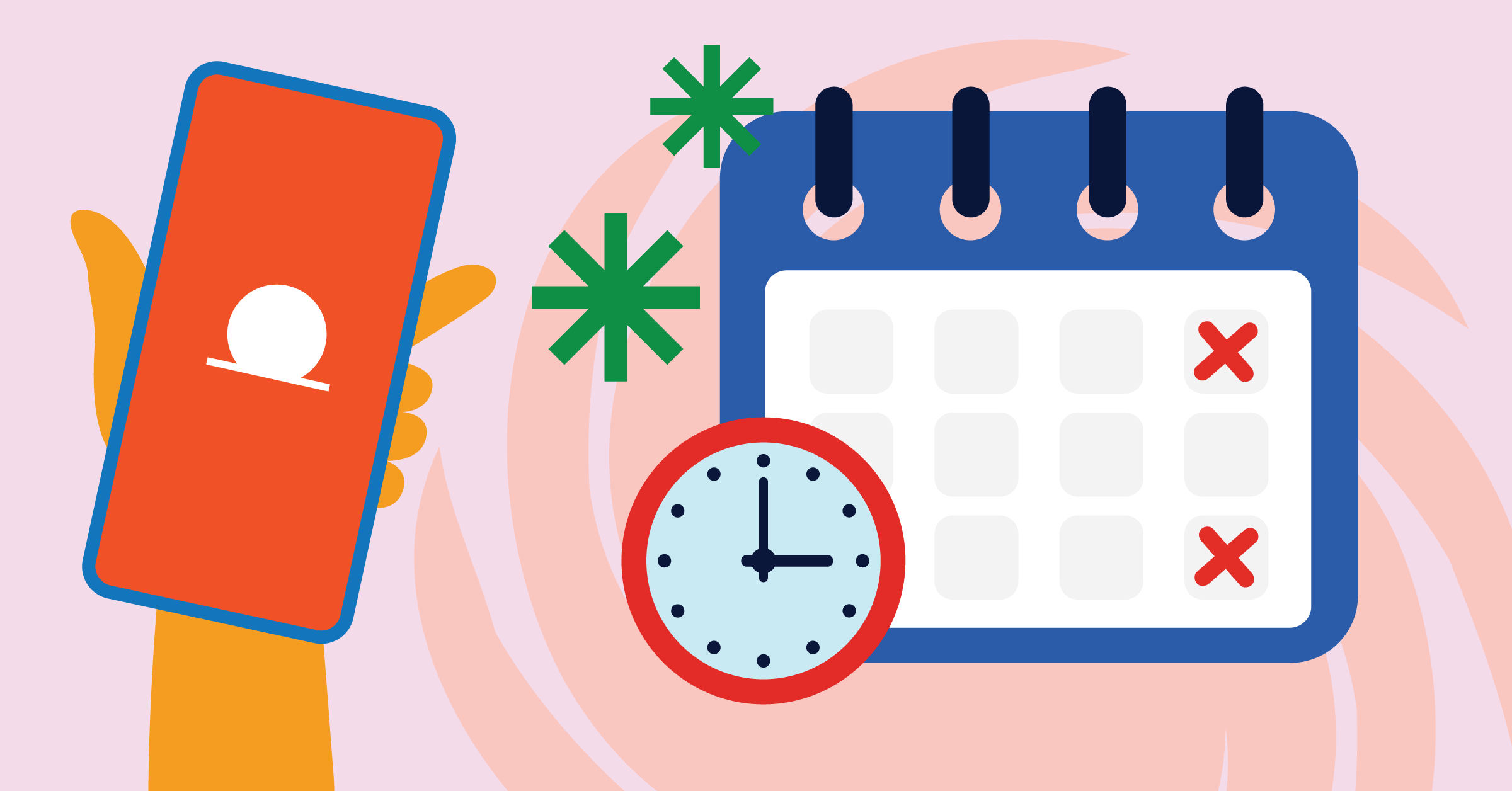 An illustration showing a hand holding a smartphone, a calendar with X marks on dates, and a clock.