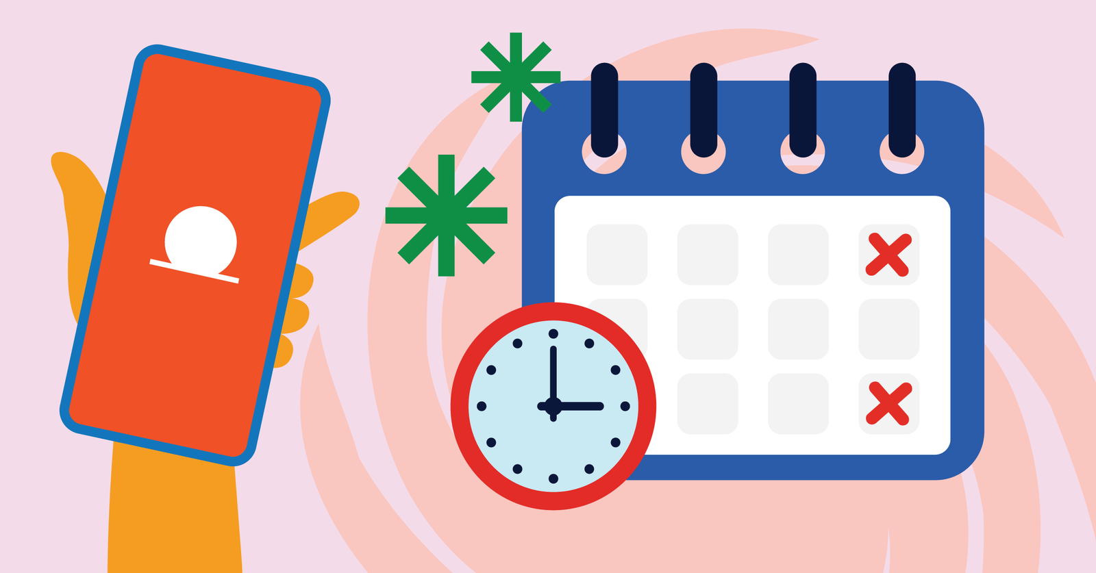 An illustration showing a hand holding a smartphone, a calendar with X marks on dates, and a clock.