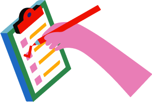 Illustration of a hand holding a red pen and checking off a box on a clipboard with a checklist.