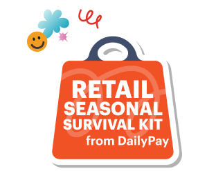 Orange shopping bag graphic with the text "Retail Seasonal Survival Kit from DailyPay," decorated with playful doodles including a smiley face and star.