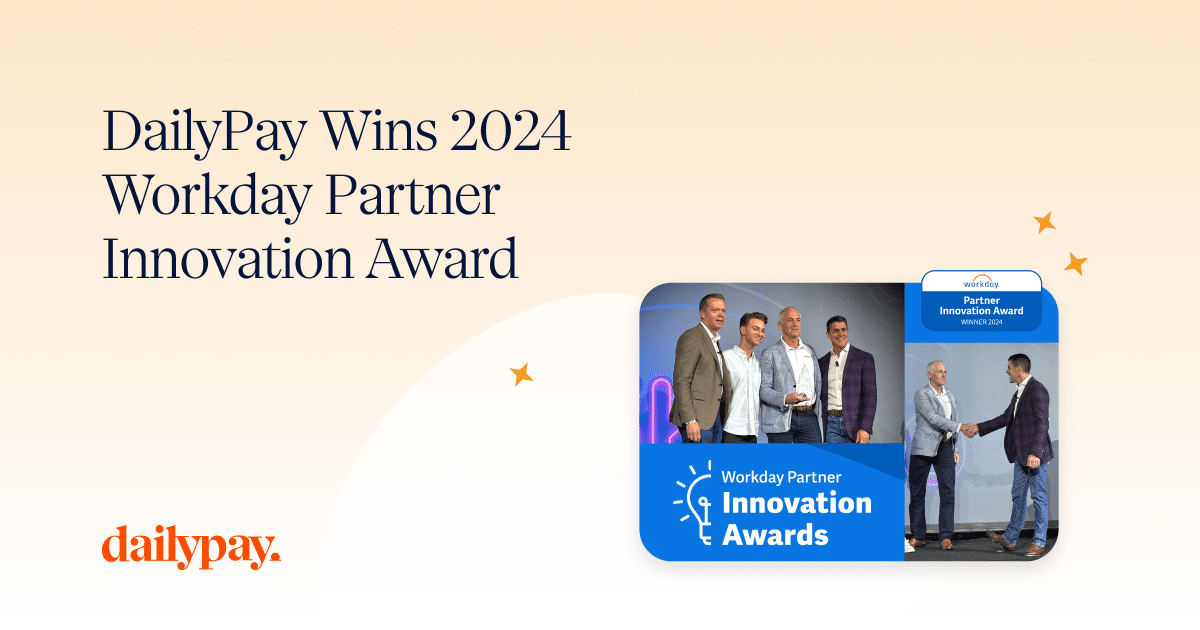 DailyPay wins the 2024 Workday Partner Innovation Award. The image shows people on stage at the award ceremony, with the award logo displayed.