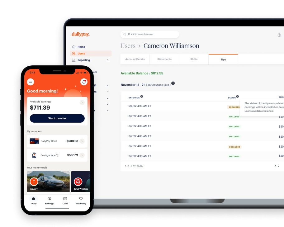 A smartphone and a laptop display financial dashboard interfaces showing account balances, transactions, and tips for a user named Cameron Williamson.