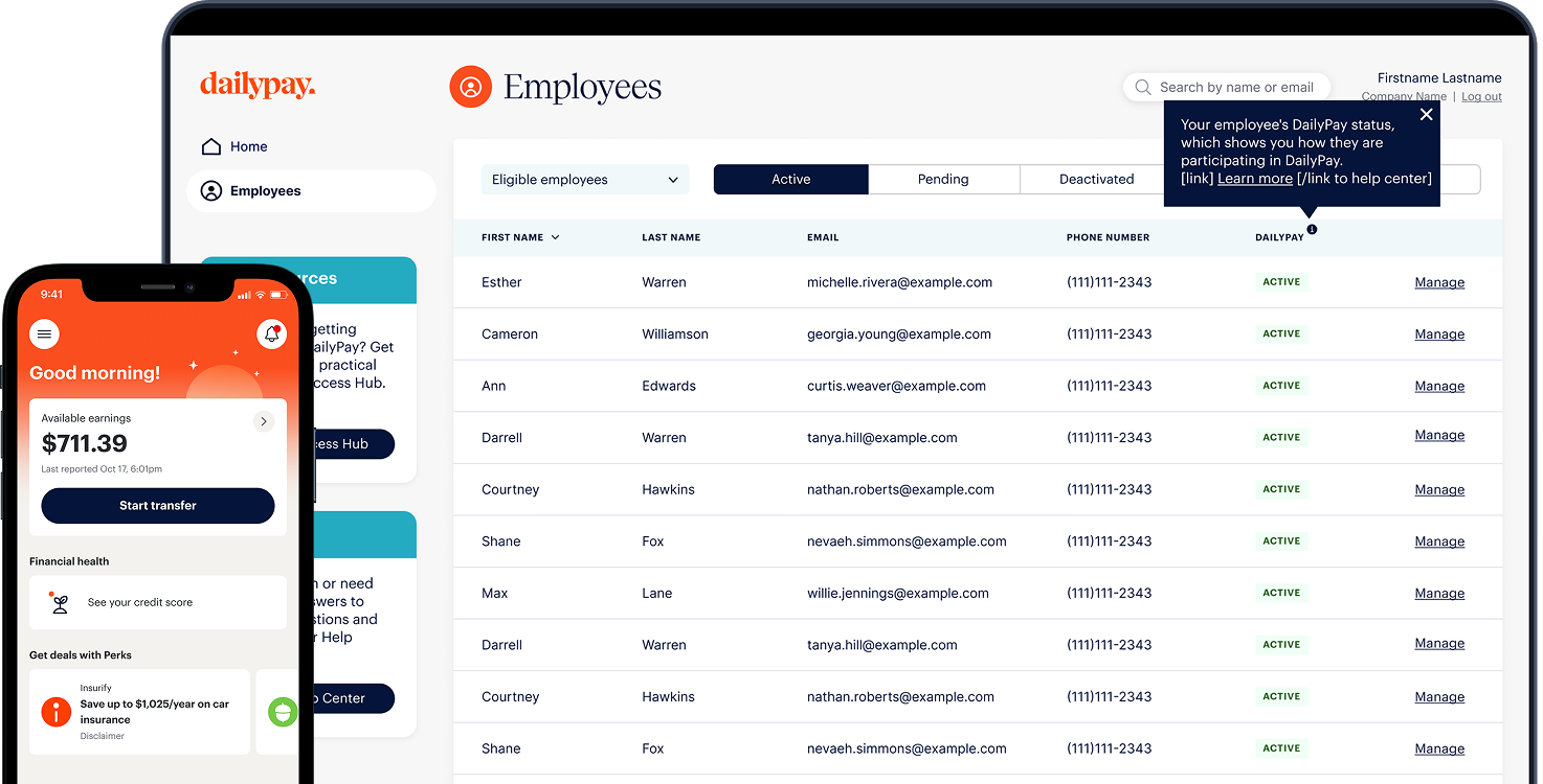 A mobile phone and a laptop display payroll management software. The phone shows an account balance of $489.53. The laptop lists employee details and status.