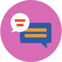 Two speech bubbles, one white with a red equal sign and another blue with yellow text lines, on a pink circular background.