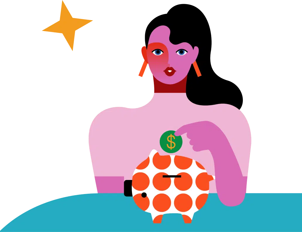 Woman with purple skin and black hair placing a coin with a dollar sign into a polka-dotted piggy bank. A yellow star is in the background.