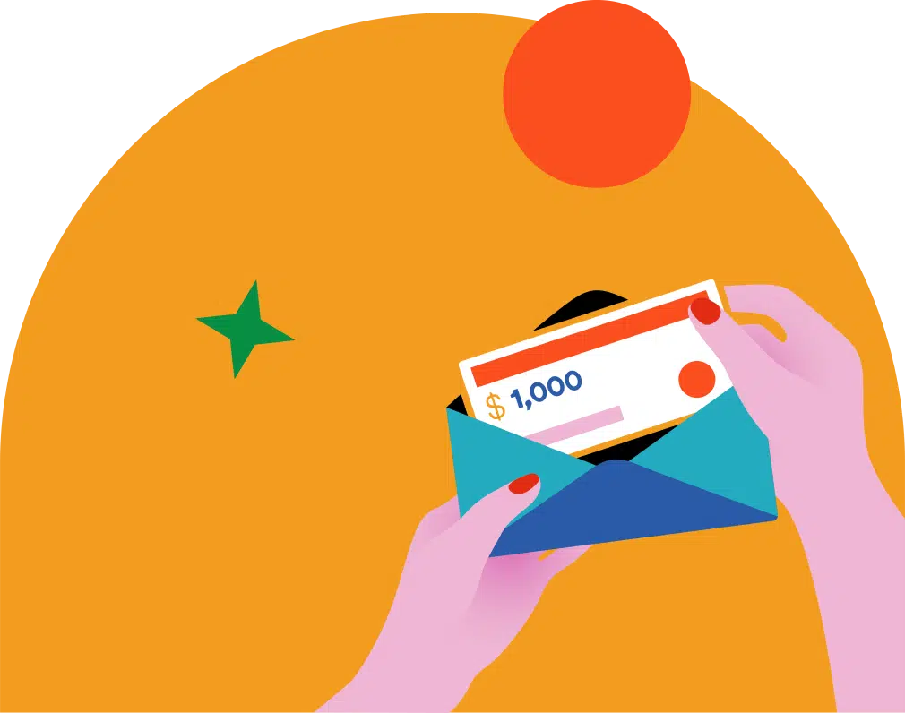 Hands holding an envelope with a $1,000 check against an orange background with a red circle and green star.
